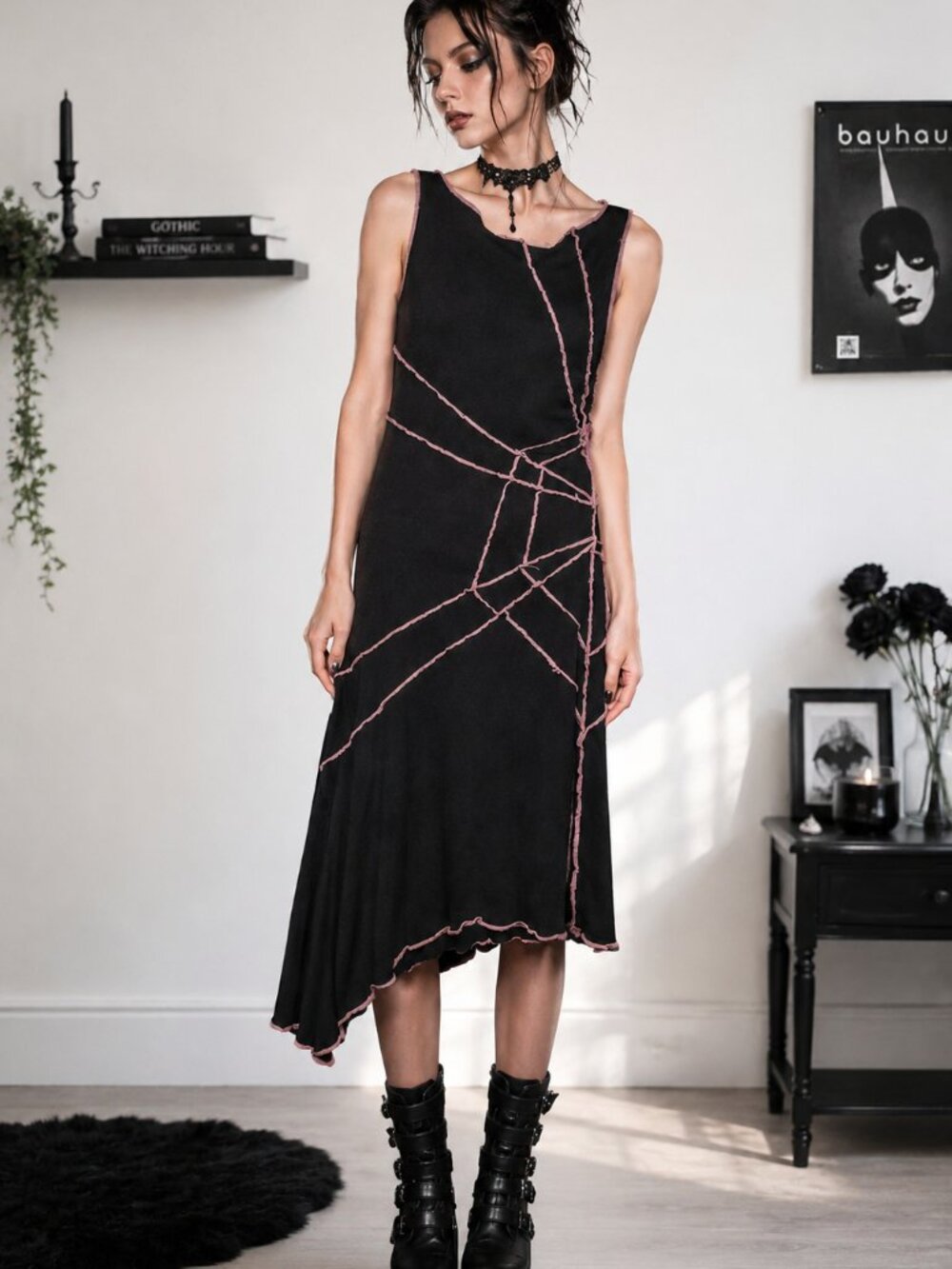 Goth Gothic Black SpiderWeb Sleeveless Dress